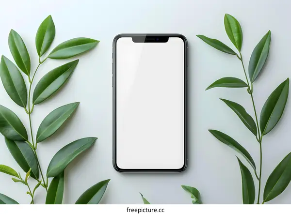 Smartphone Mockup with Green Leaves