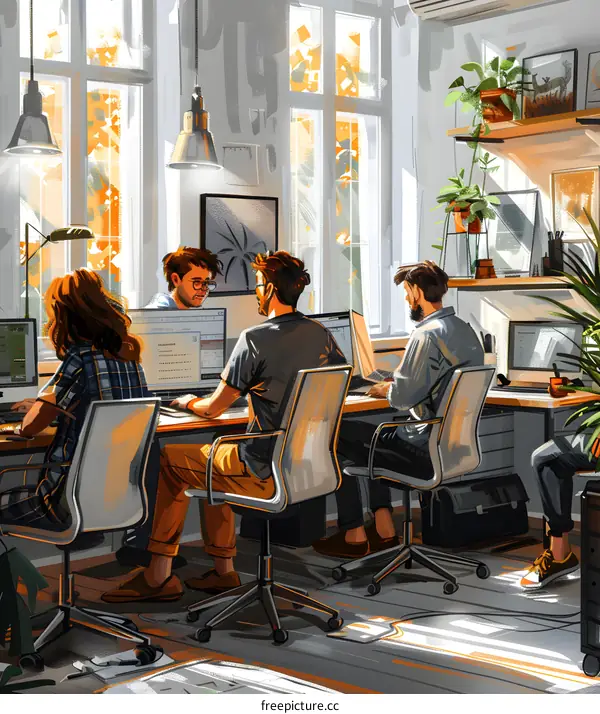Four people working in an office