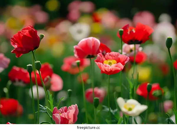 Closeup of Red and Pink Poppies in a Field