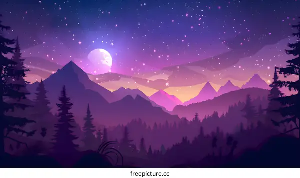 Purple Mountain Landscape with Full Moon and Stars
