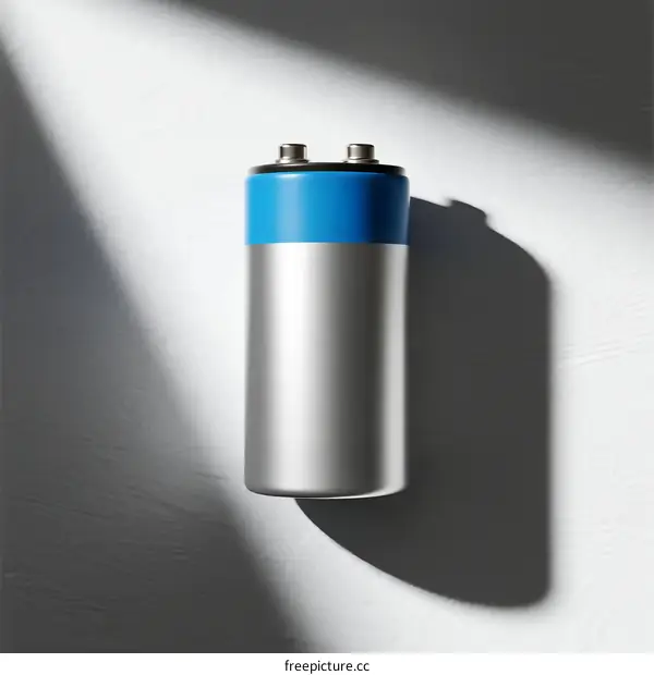 A cylindrical battery with blue top on white background