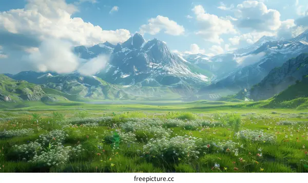 Alpine Meadow with Distant Snow-capped Mountains