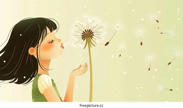 Little Girl Blowing Dandelion Seeds into the Wind