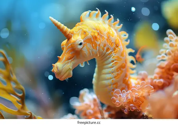A yellow and white seahorse with a long snout and a single horn on its head