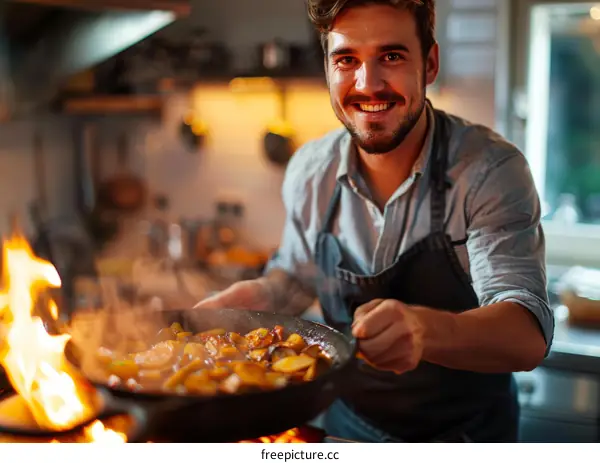 Bearded man cooking over an open flame in a kitchen