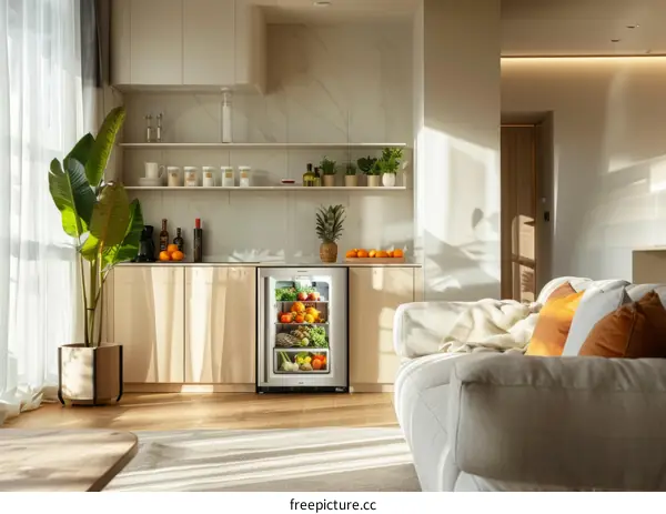 A modern kitchen with a large fridge and a sofa