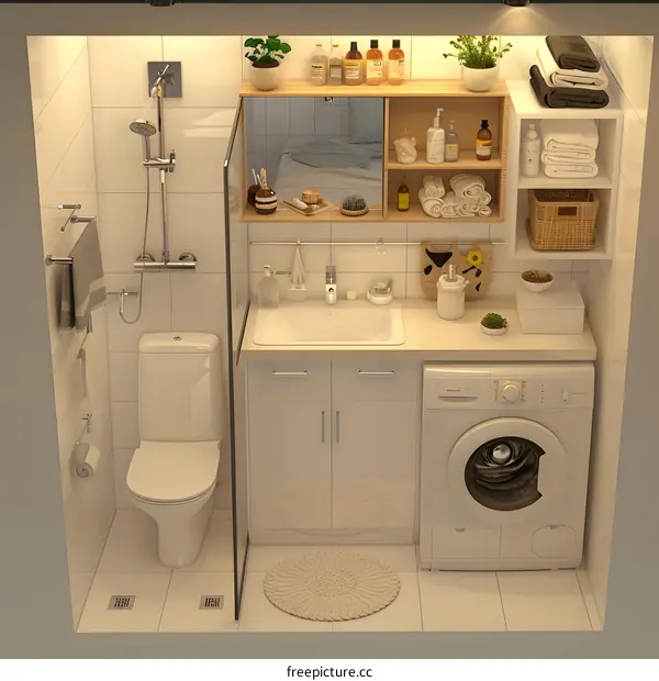 Modern Bathroom Design with White Cabinets and Washing Machine