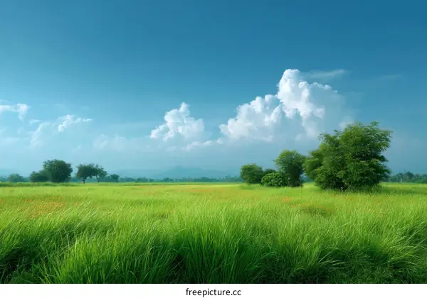 A Peaceful and Lush Green Field Under a Beautiful Blue Sky