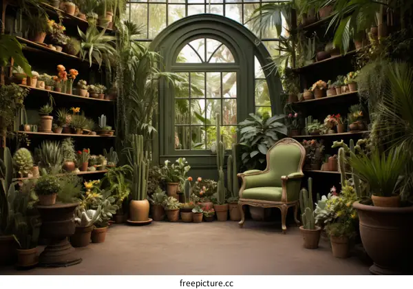 Lush Greenhouse Interior with Plants and Flowers