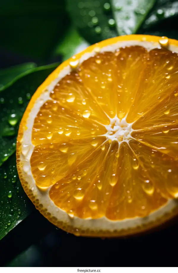 Close-up Photo of Orange Slice with Water Droplets on a Dark Background