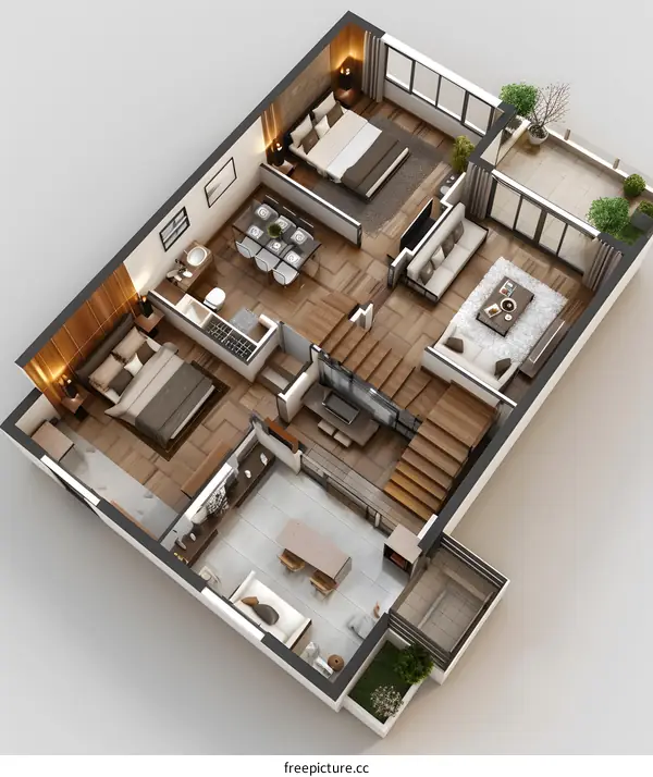 The interior design of a three-story modern duplex apartment