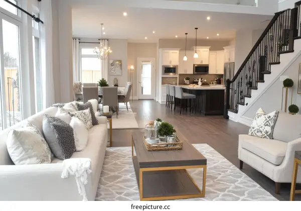 Modern Open-Plan Living Room with Kitchen and Dining Area