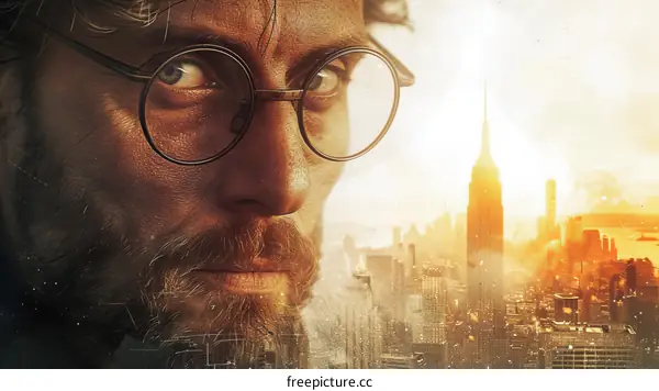 A man with glasses looks out over a ruined city