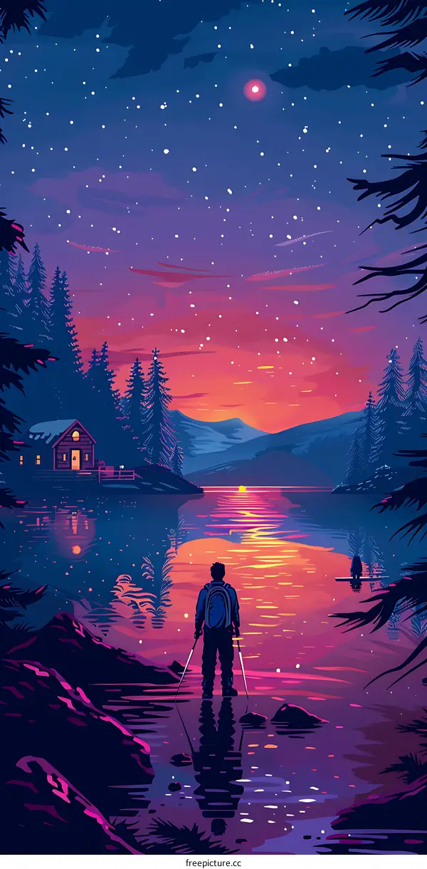 Man Standing By Lake Under Starry Night Sky