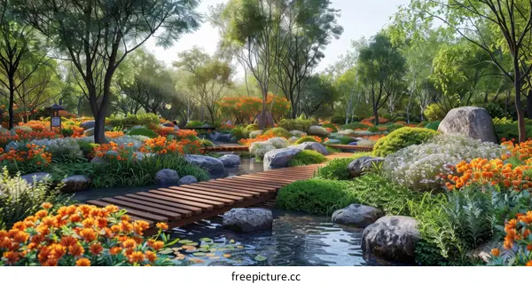 Colorful flowers and plants in the park with a bridge over the river