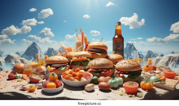 Picnic with Burgers and Vegetables on a Mountain
