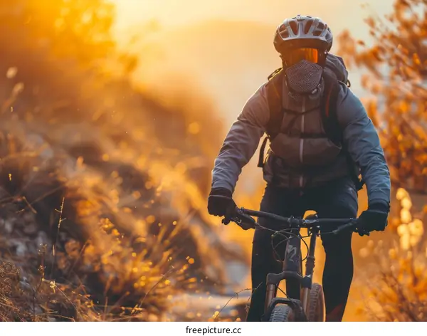 A mountain biker rides through a field of tall grass at sunset.