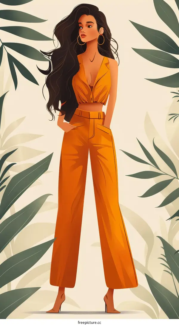 Fashion model with flowing hair wearing orange pantsuit
