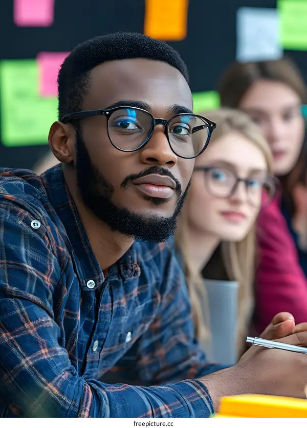 African American Man with Glasses Looking at Camera in a Classroom