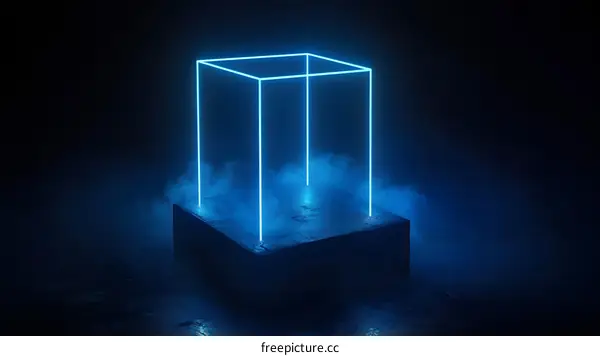 Abstract Neon Blue Light Cube with Smoke on Black Background