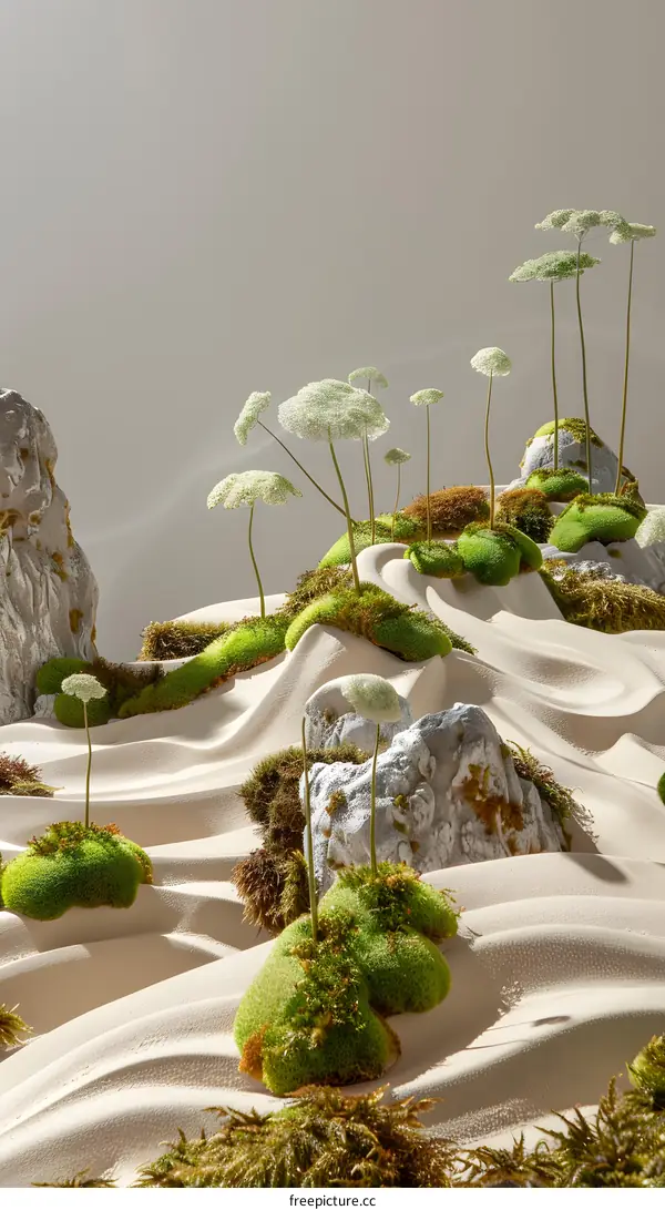Minimalist Abstract Landscape with White Flowers and Green Moss