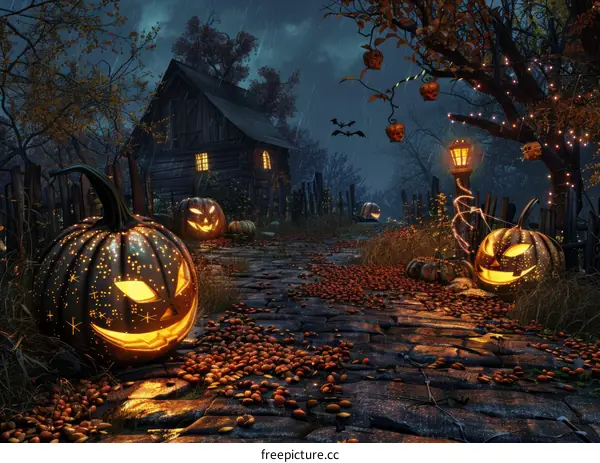 Haunted Halloween Jack-o-lantern outside an ominous house