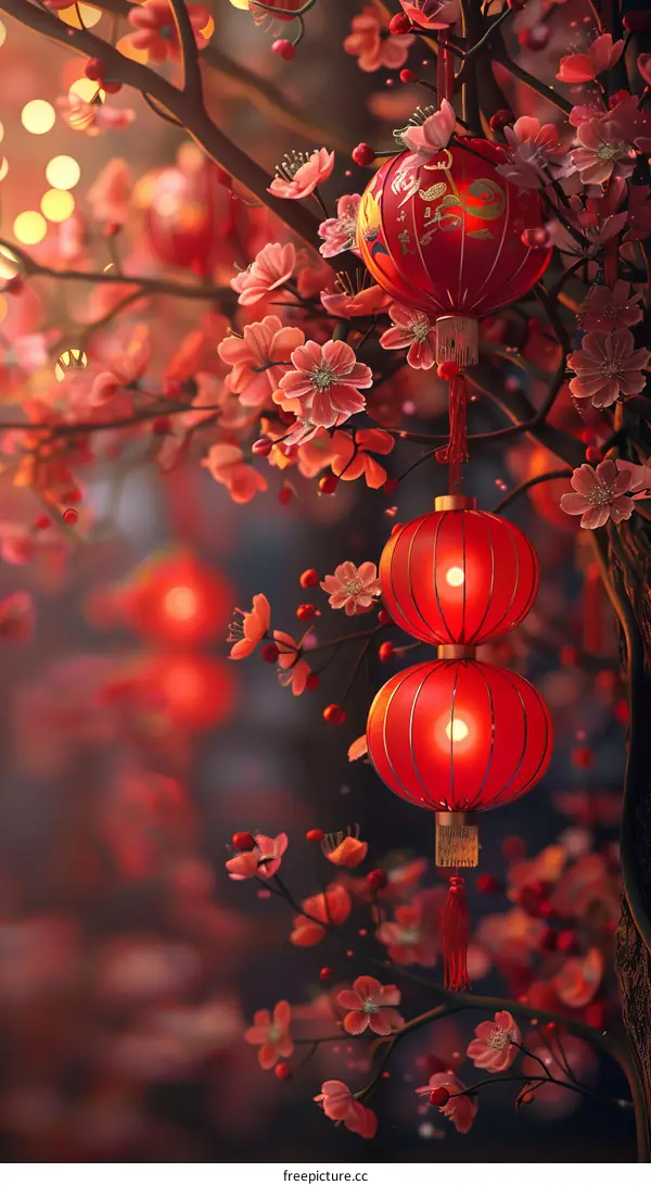 Auspicious Red Lanterns under Pink Blossoms