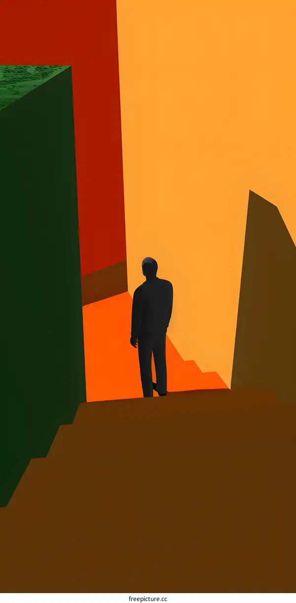 Man Walking Up Stairs in Abstract Geometric Environment