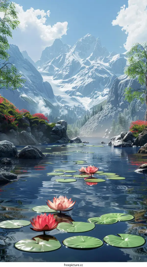 Peaceful Lake with Snow-capped Mountains and Water Lilies