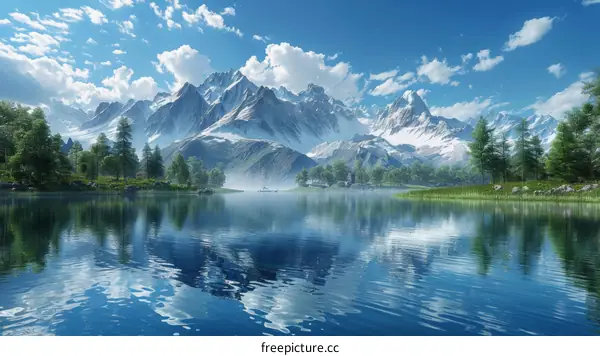 Tranquil Mountain Lake Landscape with Forest and Blue Sky
