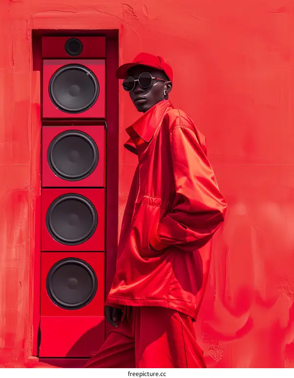 A person standing in front of a red wall with a speaker.