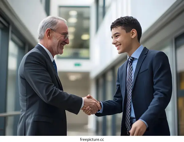 Two Businessmen Shaking Hands in a Modern Office Building