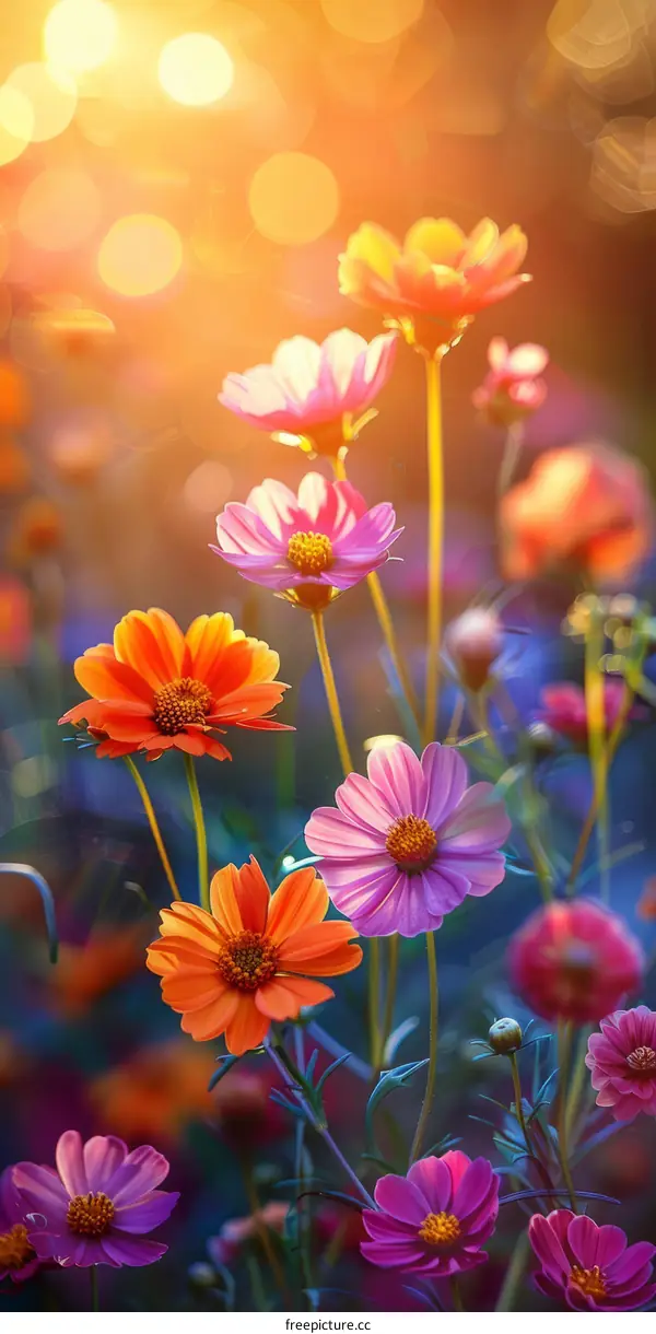 Beautiful summer flowers in a field with sunlight in the background