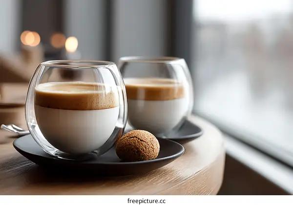 Two Glass Coffee Cups with Dessert