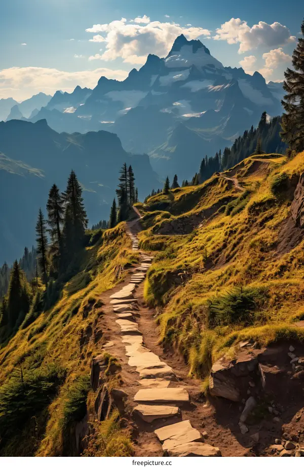 Hiking Trail Through the Swiss Alps with Stunning Mountain Views