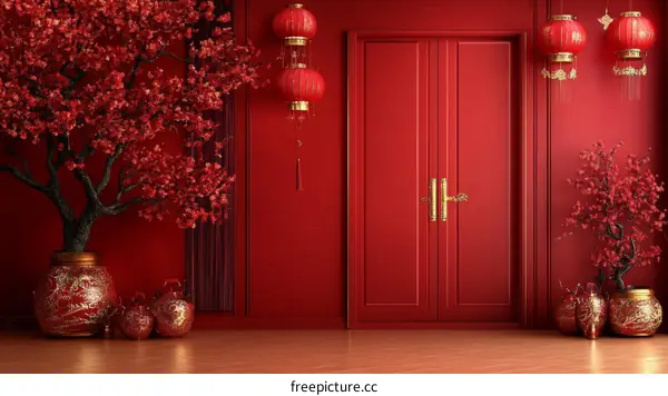 Red Chinese Interior Design with Lanterns and Cherry Blossoms