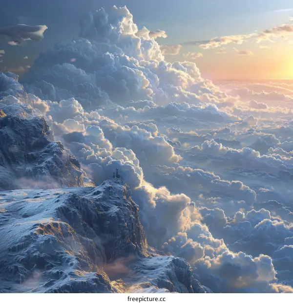 Majestic Snowy Mountain and A Sea of Clouds Bathed in Sunlight