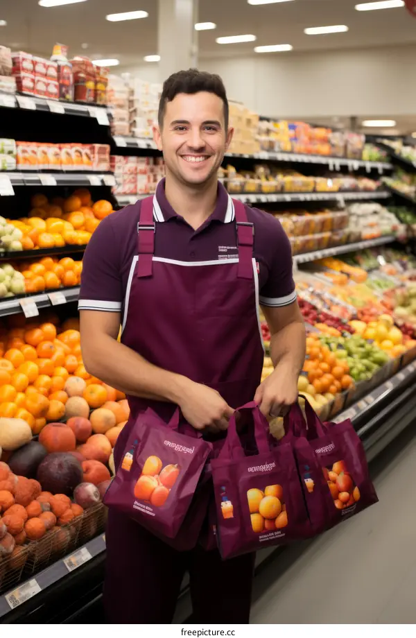 Portrait of a happy young male grocery store clerk holding reusable shopping bags full of fresh fruits and vegetables