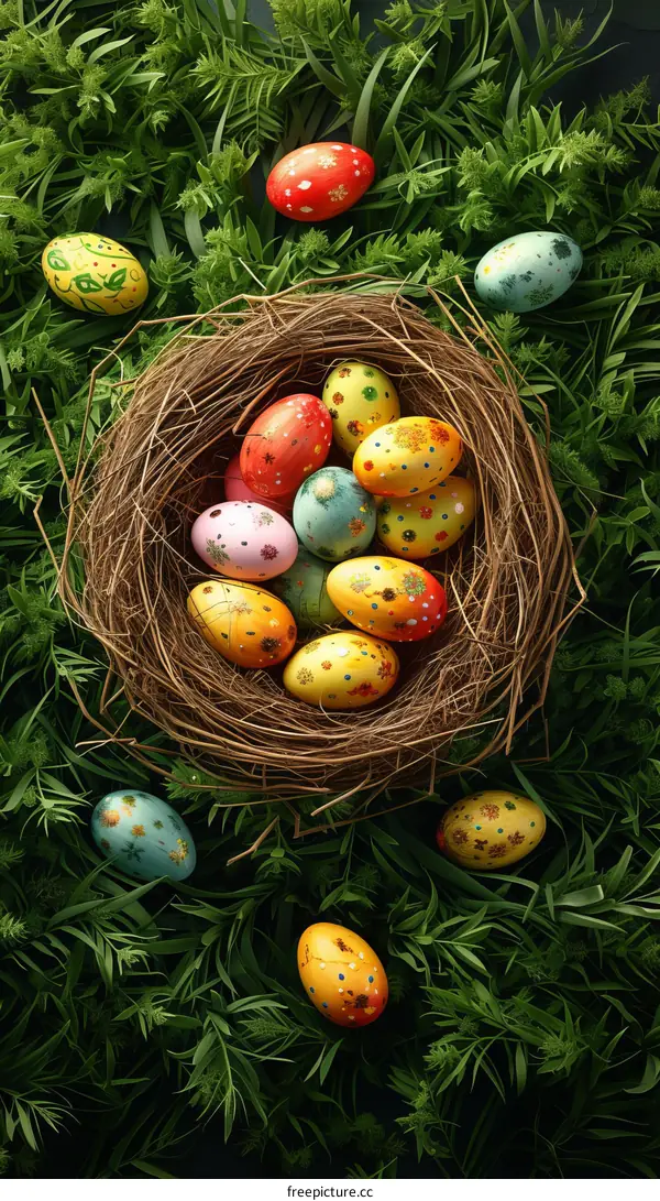 Easter Eggs in a Nest on Fresh Green Grass
