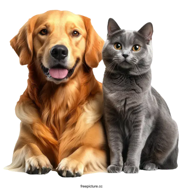 [Transparent Background PNG]Friendly Golden Retriever and Gray Cat Companionship