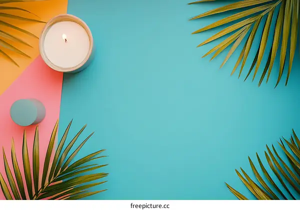 Tropical Summer Background with Palm Leaves and Burning Candle