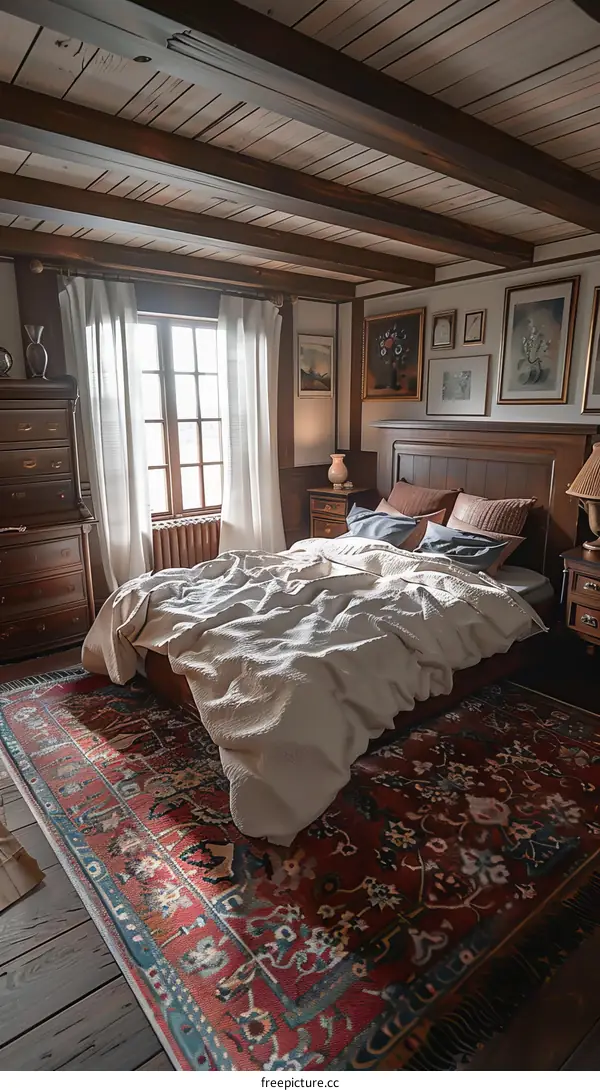 Vintage Bedroom with Ornate Rug