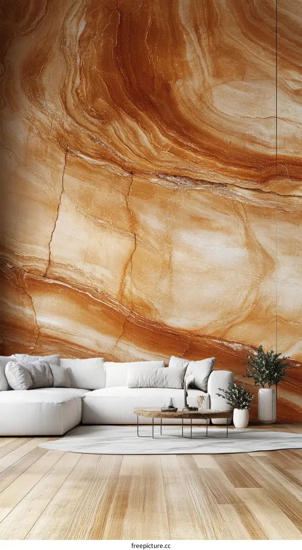 Modern Living Room with Beige Marble Wall