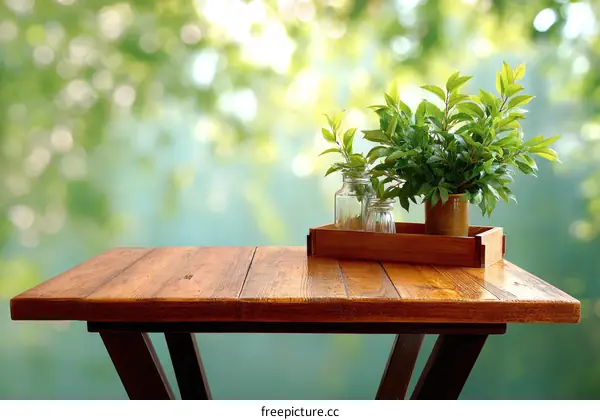 Wooden Table with Plants in a Tray