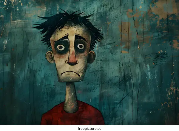 A painting of a man with a red shirt and dark hair