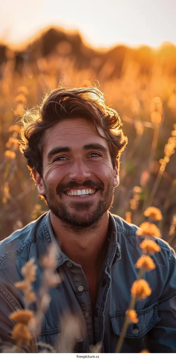 Smiling Man in a Field at Golden Hour