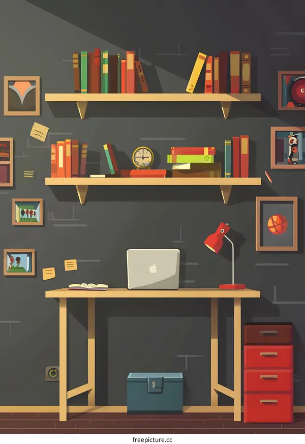 Home Office Workspace Illustration With Desk, Bookshelf, Laptop, And Lamp
