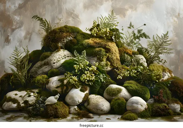 Green Mossy Rocks and Ferns in Nature