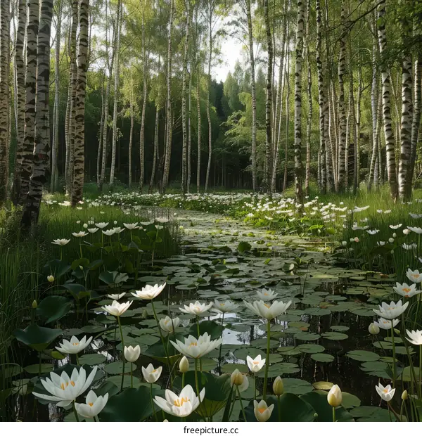 Mystical Forest Glade with a Pond Full of White Water Lilies