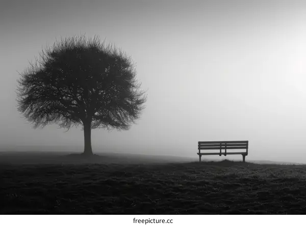 Silhouette of Tree and Bench in Foggy Mist